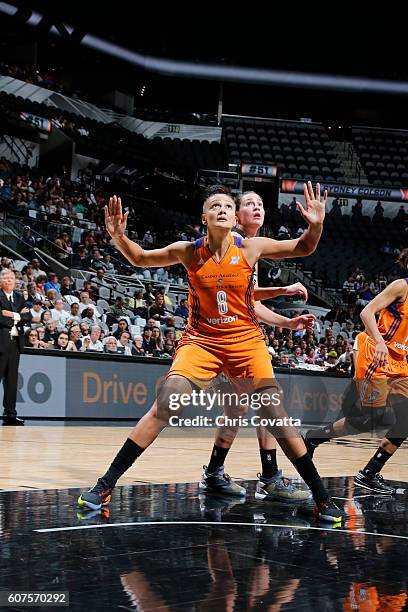 Mistie Bass of the Phoenix Mercury fights for position against the San Antonio Stars on September 18, 2016 at AT&T Center in San Antonio, Texas. NOTE...