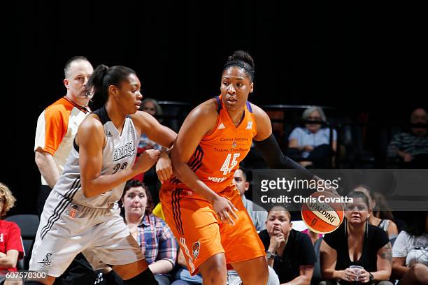 Kelsey Bone of the Phoenix Mercury handles the ball against the San Antonio Stars on September 18, 2016 at AT&T Center in San Antonio, Texas. NOTE TO...