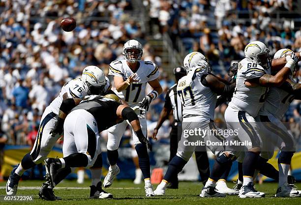 Quarterback Philip Rivers of the San Diego Chargers throws the ball to Danny Woodhead moments before his injury against the Jacksonville Jaguars...