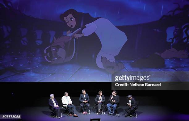 Angela Lansbury, Richard White, Robbie Benson, Paige O'Hara, Don Hahn and Eugene Hernandez speak on stage at the special screening of Disney's...