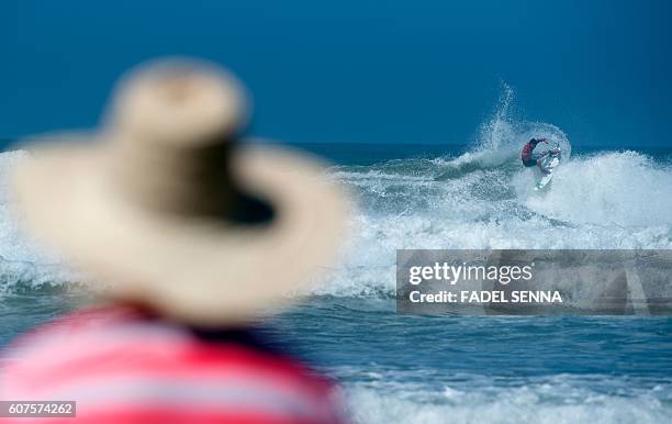 Pro surfer Deivid Silva of Brazil competes in the men final at the Quicksilver Pro Casablanca surf competition on September 18, 2016 in Casablanca. /...