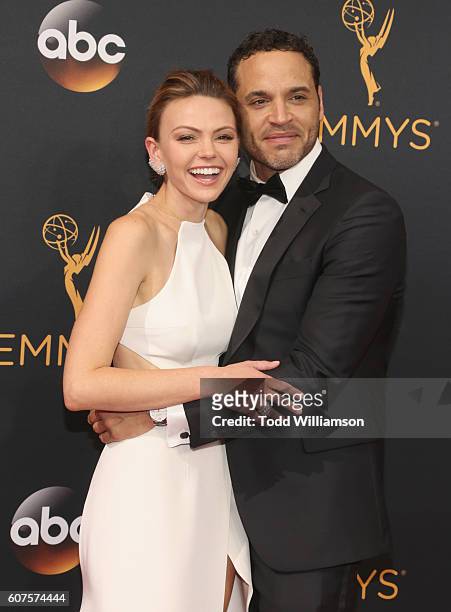 Actors Aimee Teegarden and Daniel Sunjata attend the 68th Annual Primetime Emmy Awards at Microsoft Theater on September 18, 2016 in Los Angeles,...