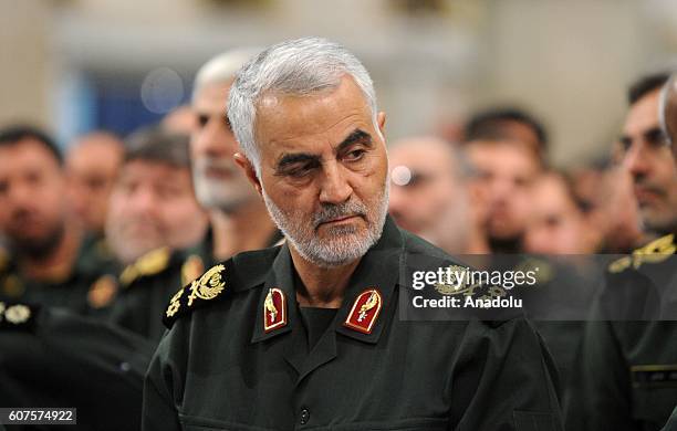 Iranian Quds Force commander Qassem Soleimani attends Iranian supreme leader Ayatollah Ali Khamenei's meeting with the Islamic Revolution Guards...