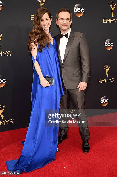 Brittany Lopez and actor Christian Slater attend the 68th Annual Primetime Emmy Awards at Microsoft Theater on September 18, 2016 in Los Angeles,...