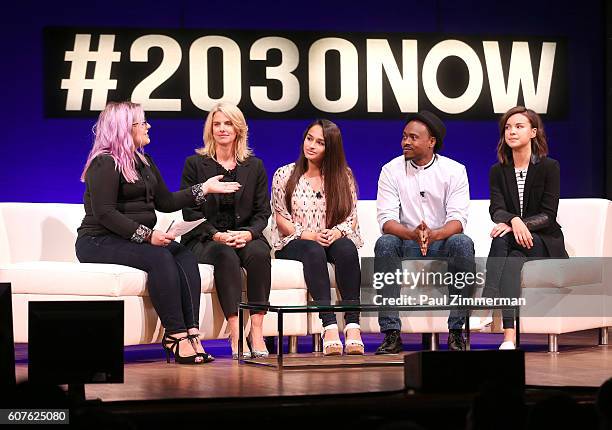 Mashable reporter Katie Dupere, GLAADD CEO and President Sarah Kate Ellis, Jazz Jennings, Tiq Milan and Ingrid Nilsen speak onstage at the 2016...