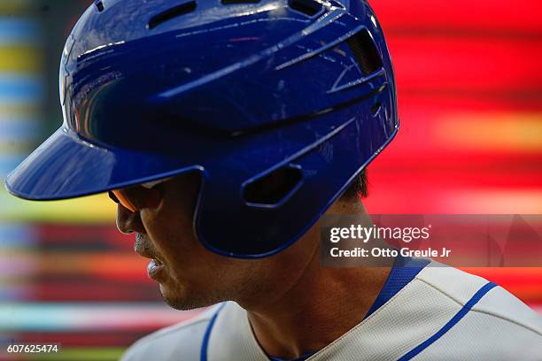 Norichika Aoki of the Seattle Mariners looks on after grounding out against the Houston Astros in the first inning at Safeco Field on September 18,...