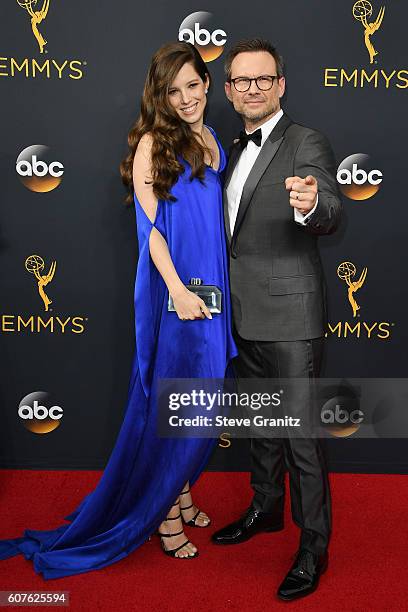 Actor Christian Slater and Brittany Lopez attend the 68th Annual Primetime Emmy Awards at Microsoft Theater on September 18, 2016 in Los Angeles,...