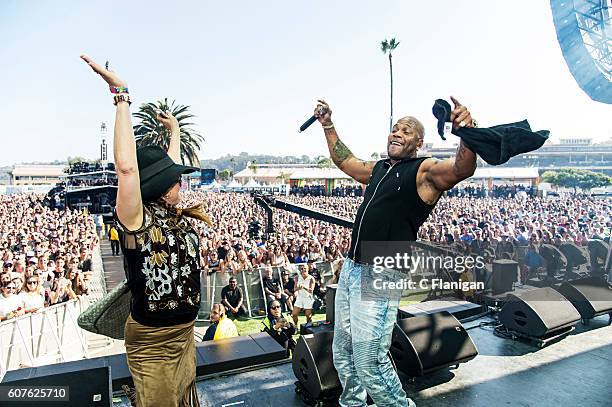 Flo Rida dances with guests on the Grandview Stage during the 2016 KAABOO Del Mar at the Del Mar Fairgrounds on September 17, 2016 in Del Mar,...