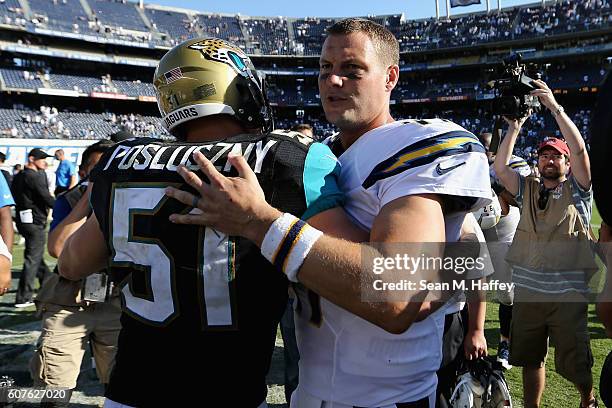 Philip Rivers of the San Diego Chargers talks with Paul Posluszny of the Jacksonville Jaguars after a game at Qualcomm Stadium on September 18, 2016...