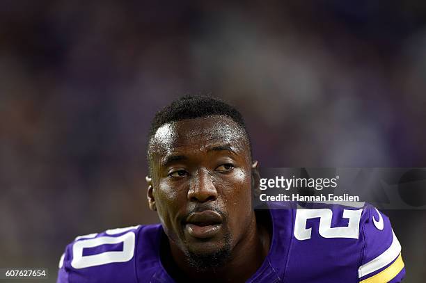 Mackensie Alexander of the Minnesota Vikings warms up prior to a game against the Green Bay Packers on September 18, 2016 at US Bank Stadium in...