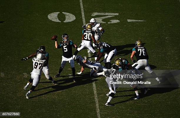 Quarterback Blake Bortles of the Jacksonville Jaguars throws from the pocket against the San Diego Chargers during the 2nd half of a game at Qualcomm...