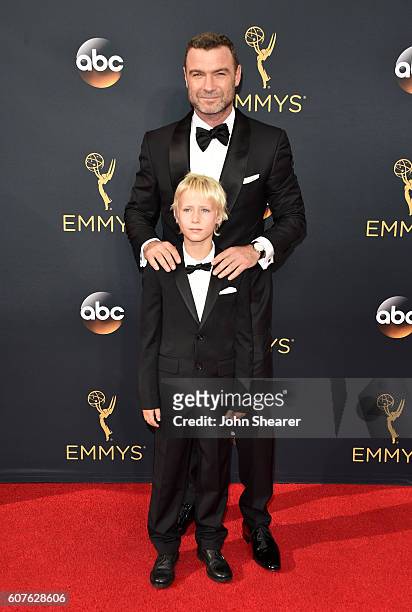 Actor Liev Schreiber and Samuel Kai Schreiber arrive at the 68th Annual Primetime Emmy Awards at Microsoft Theater on September 18, 2016 in Los...