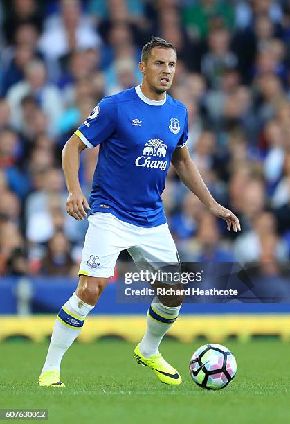 Phil Jagielka of Everton in action during the Premier League match between Everton and Middlesbrough at Goodison Park on September 17, 2016 in...