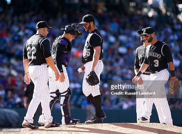 Manager Walt Weiss takes the ball from Chad Bettis of the Colorado Rockies in the top of the sixth inning of a regular season MLB game between the...
