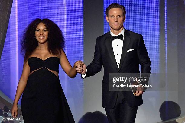 Actress Kerry Washington and actor Tony Goldwyn speak onstage during the 68th Annual Primetime Emmy Awards at Microsoft Theater on September 18, 2016...