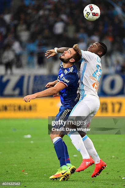 Lucas Tousart of Lyon and Aaron Leya Iseka of Marseille during the French Ligue 1 match between Olympique de Marseille and Olympique Lyonnais at...