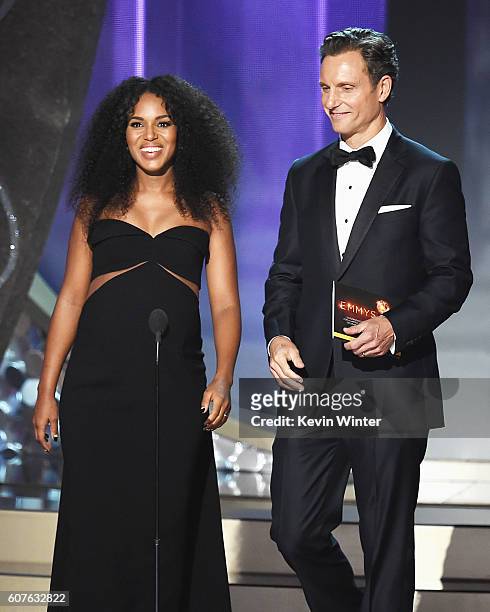 Actors Kerry Washington and Tony Goldwyn speak onstage during the 68th Annual Primetime Emmy Awards at Microsoft Theater on September 18, 2016 in Los...