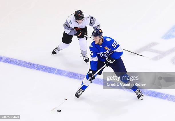 Ryan Nugent-Hopkins of Team North America and Rasmus Ristolainen of Team Finland battle for the puck during a World Cup of Hockey 2016 game at Air...