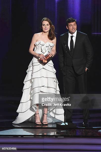 Actors Michelle Dockery and Kyle Chandler speak onstage during the 68th Annual Primetime Emmy Awards at Microsoft Theater on September 18, 2016 in...