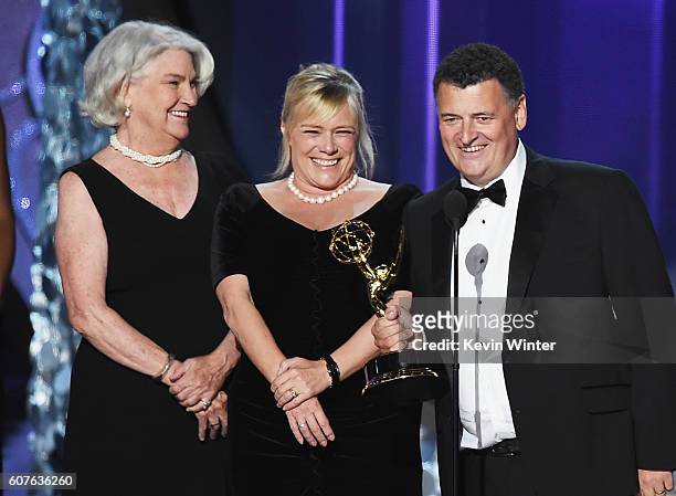 Producers Rebecca Eaton, Sue Vertue and Steven Moffat accept Outstanding Television Movie for 'Sherlock: The Abominable Bride' onstage during the...