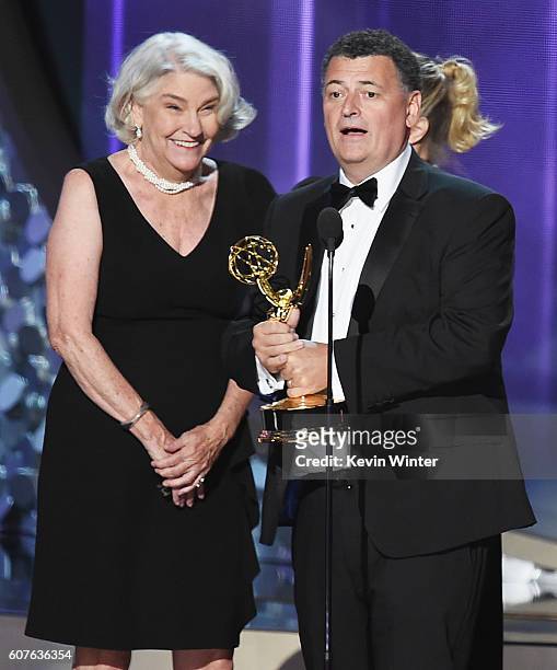 Producers Rebecca Eaton and Steven Moffat accept Outstanding Television Movie for 'Sherlock: The Abominable Bride' onstage during the 68th Annual...