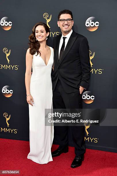 Actress Emmy Rossum and writer-producer Sam Esmail attend the 68th Annual Primetime Emmy Awards at Microsoft Theater on September 18, 2016 in Los...