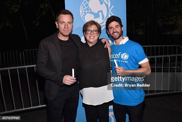 Ambassador Ewan McGregor, U.S. Fund for UNICEF President and CEO Caryl Stern, and theater actor Adam Kantor attend U.S. Fund for UNICEF as it calls...