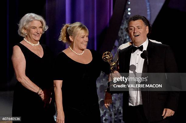 Producers Sue Vertue and Steven Moffat accept Outstanding Television Movie for 'Sherlock: The Abominable Bride' onstage during the 68th Emmy Awards...
