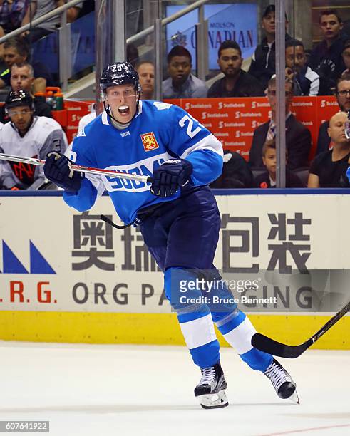 Patrik Laine of Team Finland skates against Team North America during the World Cup of Hockey tournament at the Air Canada Centre on September 18,...
