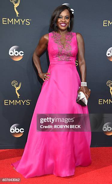 Outstanding lead actress in a drama series "How To Get Away with Murder" nominee Viola Davis arrives for the 68th Emmy Awards on September 18, 2016...