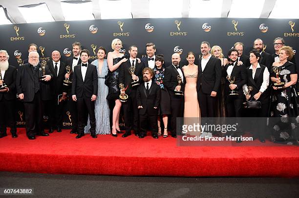 Cast & crew of "Game of Thrones", winners of Best Drama Series, pose in the press room during the 68th Annual Primetime Emmy Awards at Microsoft...