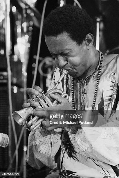 American jazz trumpeter Don Cherry playing a pocket cornet at the Montreux Jazz Festival, Montreux, Switzerland, 8th July 1977.