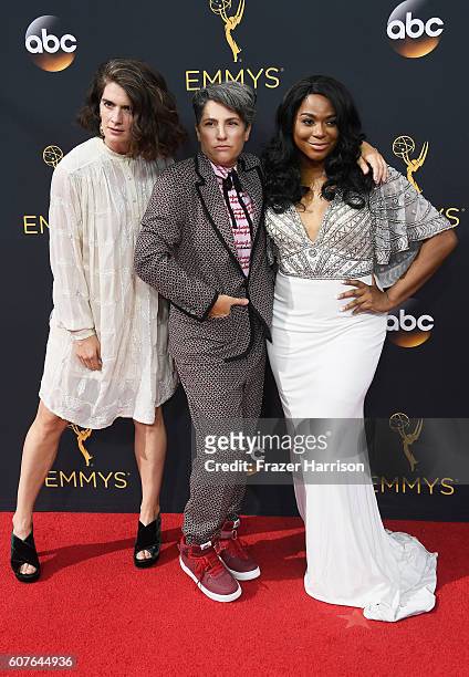 Actress Gaby Hoffmann, writer/director Jill Soloway and actress Alexandra Grey attend the 68th Annual Primetime Emmy Awards at Microsoft Theater on...