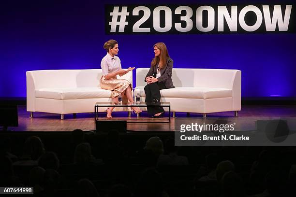 Actress/activist Sophia Bush and the United States Ambassador to the United Nations Samantha Power speak on stage during the 2016 Social Good Summit...