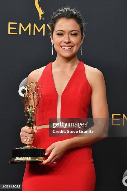 Actress Tatiana Maslany, winner of the Outstanding Lead Actress in a Drama Series award for 'Orphan Black,' poses in the press room during the 68th...