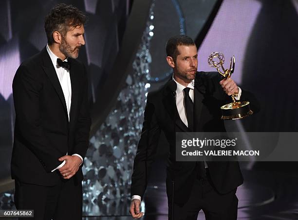 Writer/producers David Benioff and D.B. Weiss accept the Outstanding Writing for a Drama Series for "Game of Thrones" episode Battle of the Bastards...