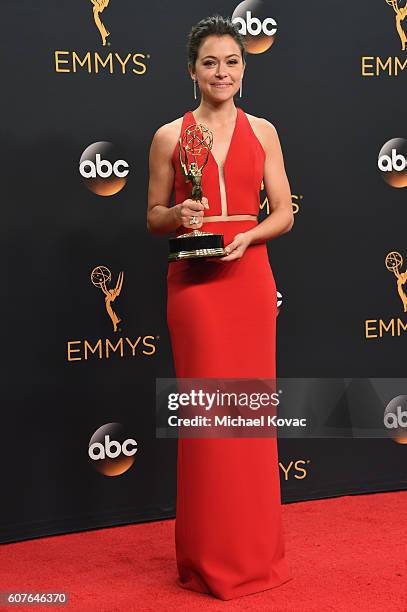 Actress Tatiana Maslany, winner of the award for Outstanding Lead Actress in a Drama Series for 'Orphan Black,' poses in the press room at the68th...