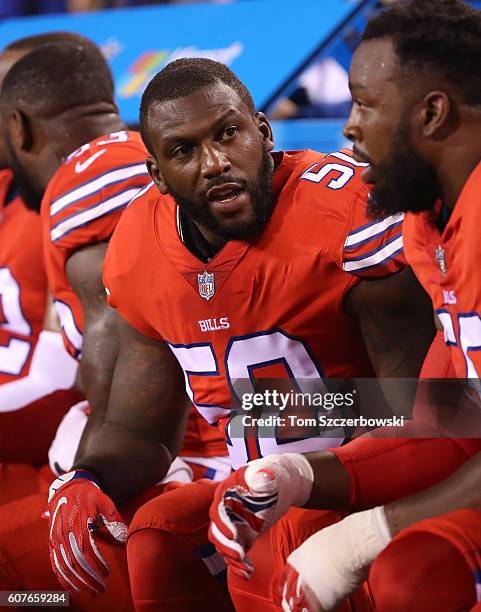 Ramon Humber of the Buffalo Bills on the bench during NFL game action against the New York Jets at New Era Field on September 15, 2016 in Orchard...