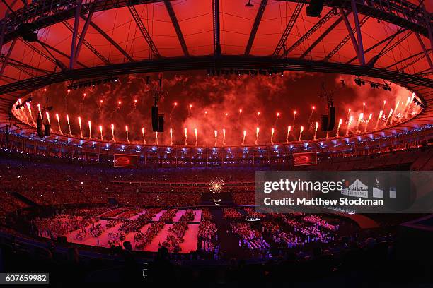 Fireworks are set off at the beginning of the closing ceremony during day 11 of the Rio 2016 Paralympic Games at Macana Stadium on September 18, 2016...