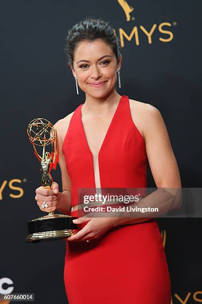 Actress Tatiana Maslany, winner of the Outstanding Lead Actress in a Drama Series award for 'Orphan Black,' poses in the 68th Annual Primetime Emmy...