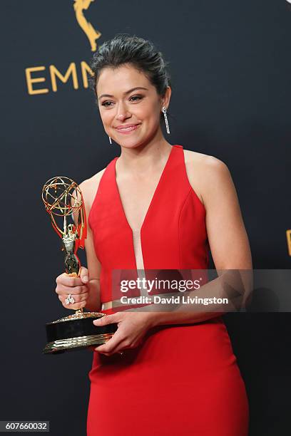 Actress Tatiana Maslany, winner of the Outstanding Lead Actress in a Drama Series award for 'Orphan Black,' poses in the 68th Annual Primetime Emmy...