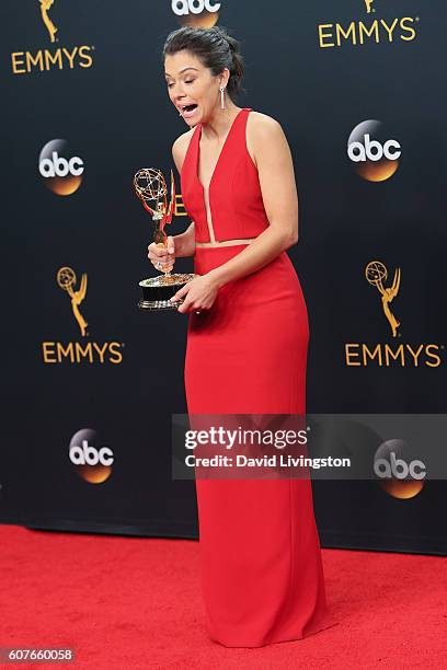 Actress Tatiana Maslany, winner of the Outstanding Lead Actress in a Drama Series award for 'Orphan Black,' poses in the 68th Annual Primetime Emmy...