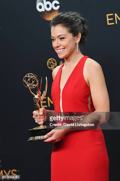 Actress Tatiana Maslany, winner of the Outstanding Lead Actress in a Drama Series award for 'Orphan Black,' poses in the 68th Annual Primetime Emmy...