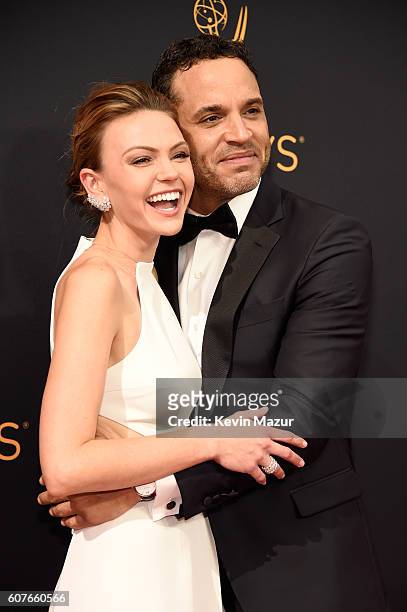 Aimee Teegarden and Daniel Sunjata attend the 68th Annual Primetime Emmy Awards at Microsoft Theater on September 18, 2016 in Los Angeles, California.