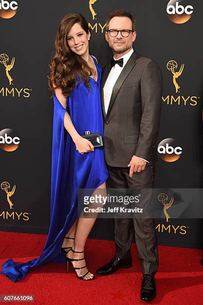 Brittany Lopez and actor Christian Slater attend the 68th Annual Primetime Emmy Awards at Microsoft Theater on September 18, 2016 in Los Angeles,...