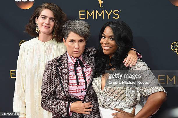 Actress Gaby Hoffmann, writer/director Jill Soloway and actress Alexandra Grey attend 68th Annual Primetime Emmy Awards at Microsoft Theater on...