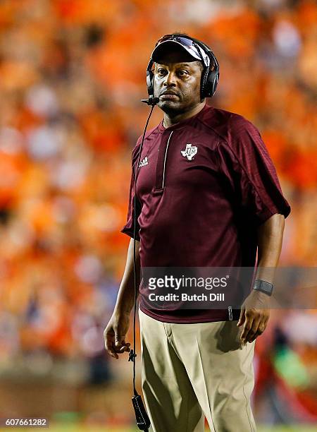 Texas A&M Aggies coach Kevin Sumlin reacts during an NCAA college football game against the Auburn Tigers on September 17, 2016 in Auburn, Alabama.