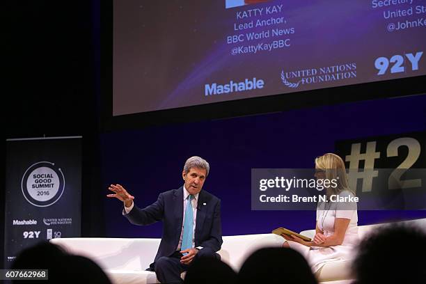 United States Secretary of State John F. Kerry speaks on stage to journalist Katty Kay during the 2016 Social Good Summit held at the 92nd Street Y...