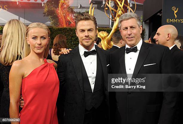 Dancers/tv personalities Derek Hough and sister Julianne Hough and father Bruce Robert Hough attend the 68th Annual Primetime Emmy Awards at...