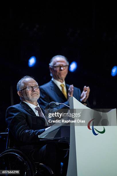 President of the Internation Paralympic Committee Sir Philip Craven adress to the audience, watched by President of Brazilian Olympic Committe Carlos...